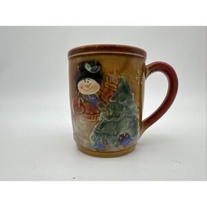 Burton Stoneware Snowman Christmas Tree Brown Pottery Coffee Mug Raised Design